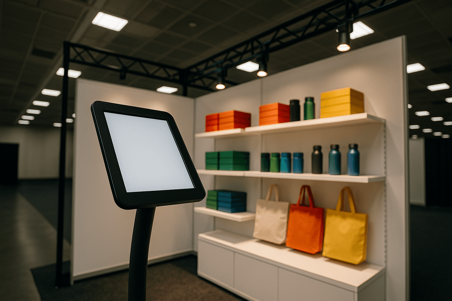 Modern convention booth with tablet kiosk stand and colorful product display shelves