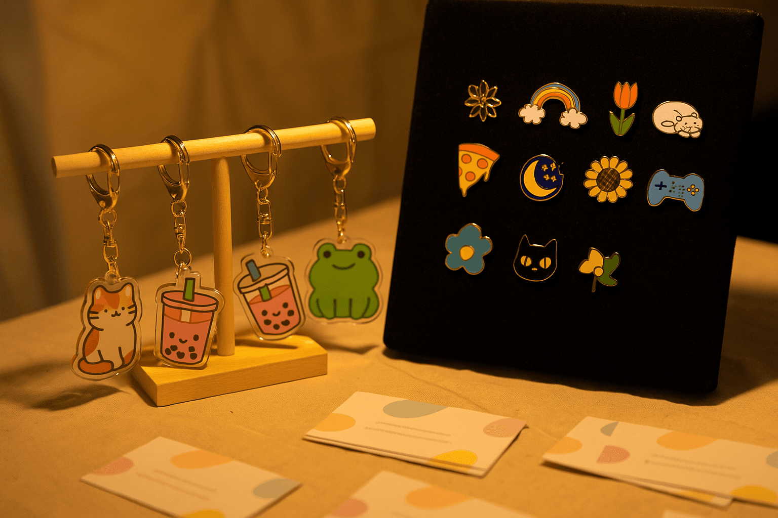 Artist alley table display with colorful acrylic charms on a wooden rack and enamel pins on a velvet board under warm booth lighting