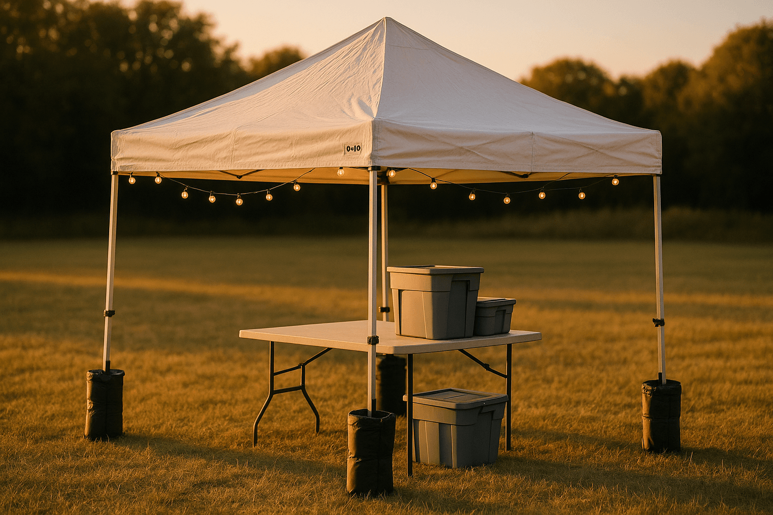 A white 10x10 pop-up vendor canopy tent set up on grass at golden hour with weight bags, a folding table, and string lights