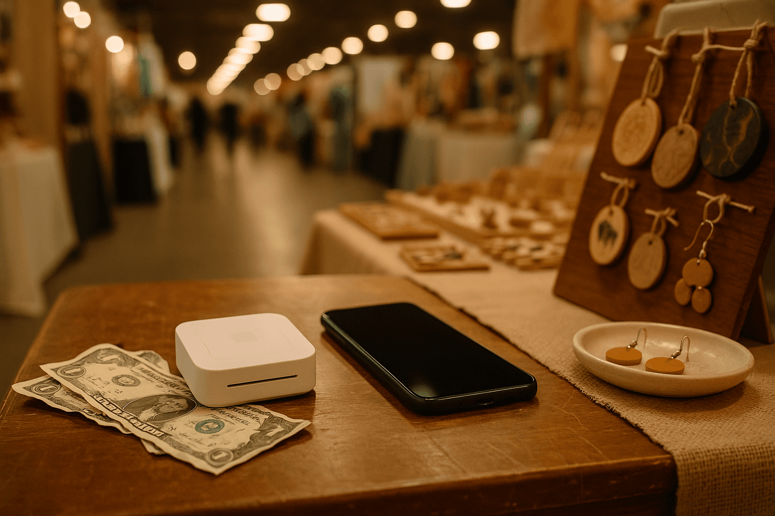 Card reader and smartphone on a craft show booth table next to handmade products under warm convention lighting