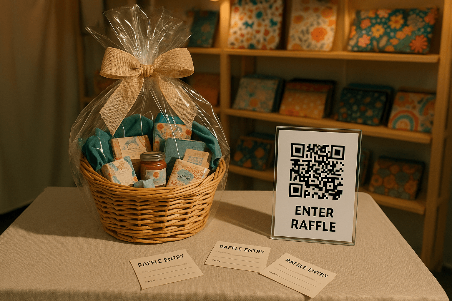 Craft show booth table with raffle prize basket and QR code stand for email signups