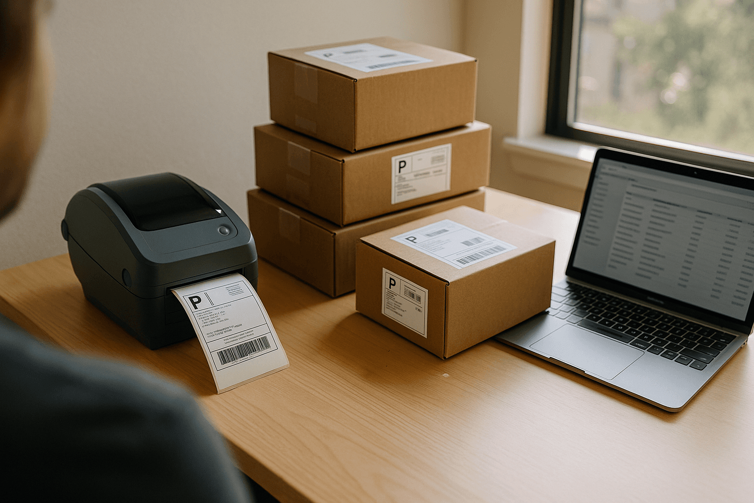 Shipping workstation with thermal label printer, stacked brown boxes, and laptop for batch label generation