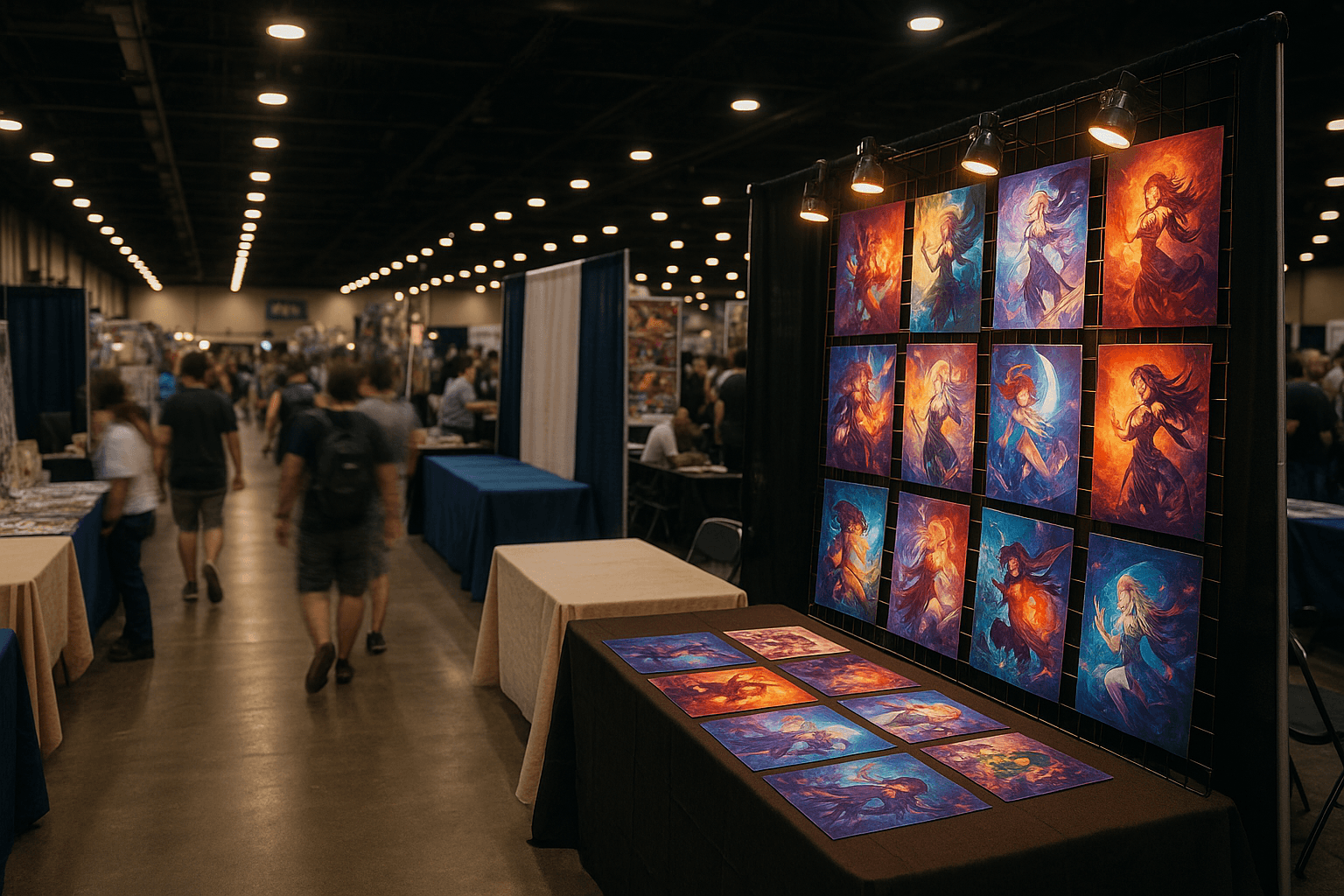 Convention hall aisle with a well-lit vendor booth featuring vertical grid wall displays of colorful art prints and LED clip lights against a busy convention background