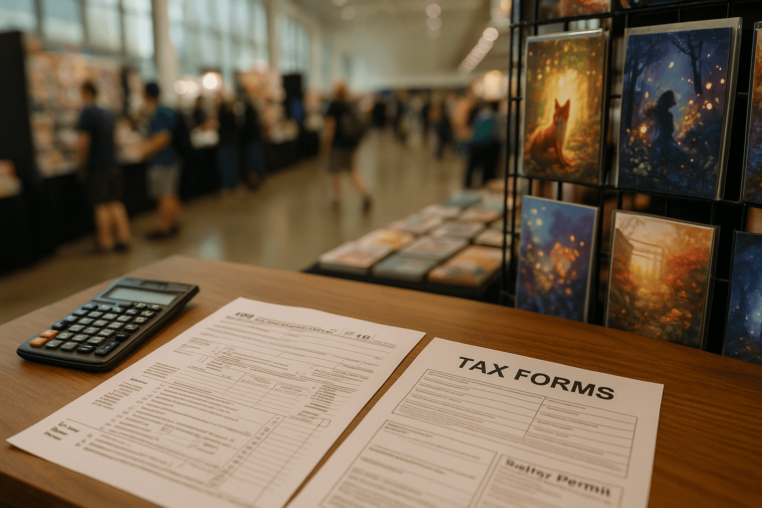Convention vendor table with a calculator, printed tax forms, and seller permit paperwork beside a product display of art prints