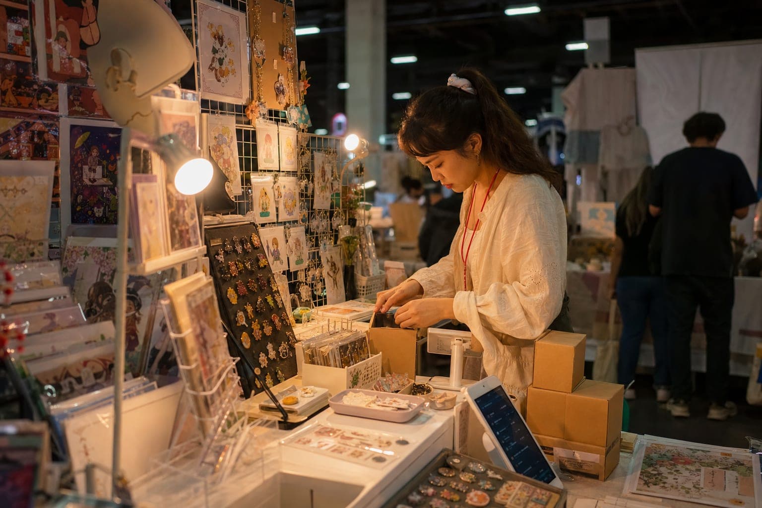 A handmade-goods craft show booth at dusk lit with warm LED clamp lights and spotlights on a display table, colors reading true and inviting