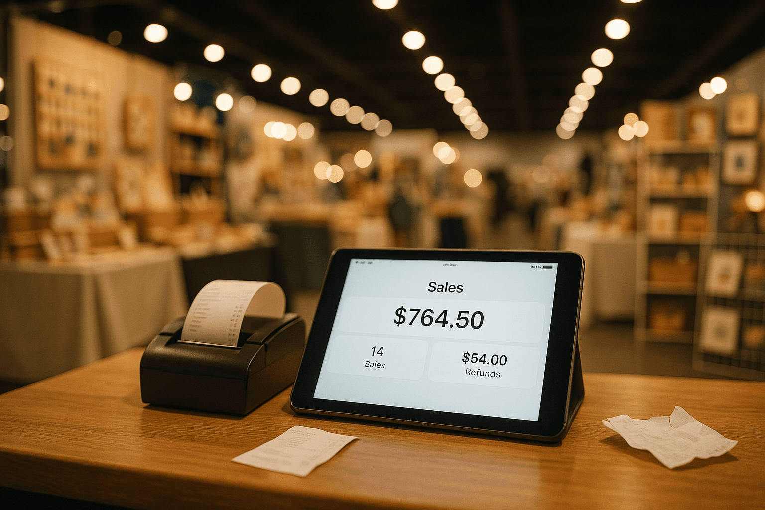 Vendor booth at craft show with tablet displaying sales numbers and receipt on table