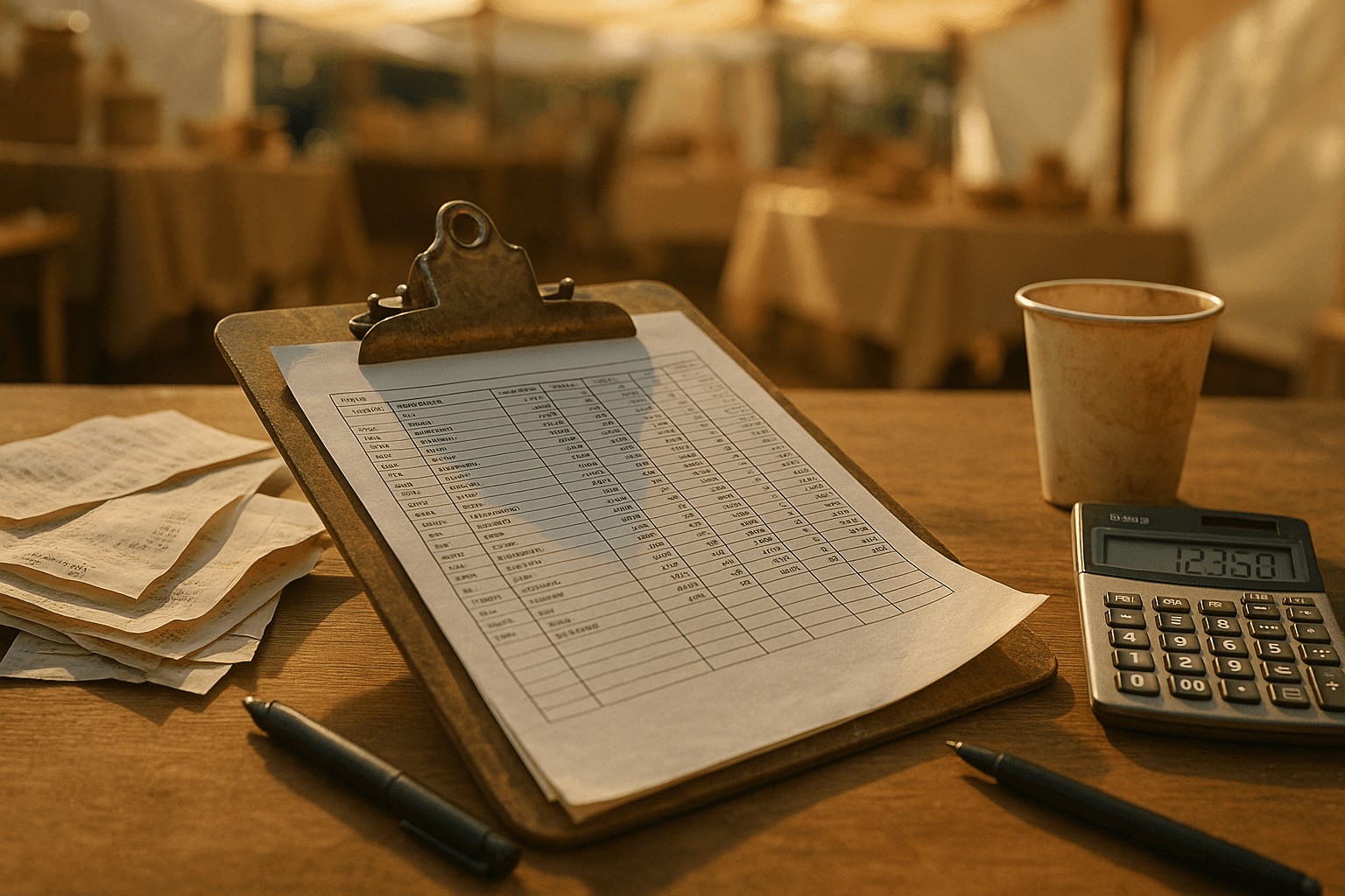 A clipboard with a sales tracking spreadsheet on a craft show vendor table next to receipts, a calculator, and a coffee cup under tent lighting