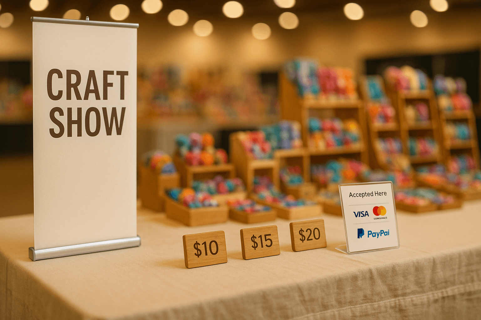 A craft show vendor booth with a retractable banner, wooden price signs, and a payment methods sign on a display table