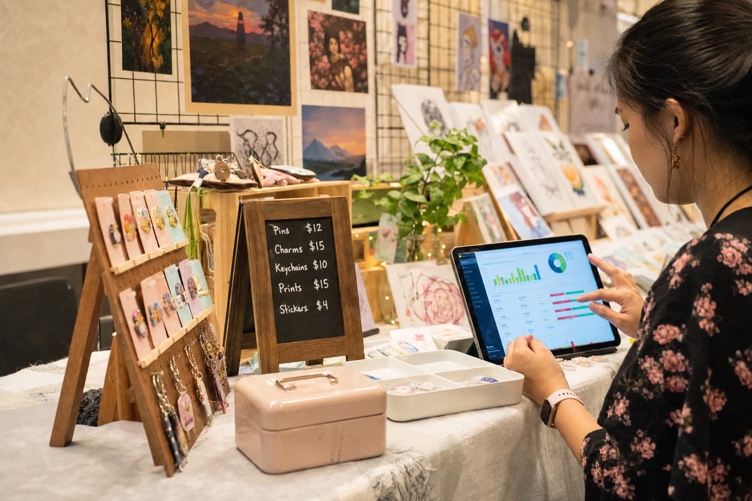 A craft fair booth table with handmade goods, a pricing sign, a tablet showing a sales dashboard, and a small cash box in warm convention-hall lighting