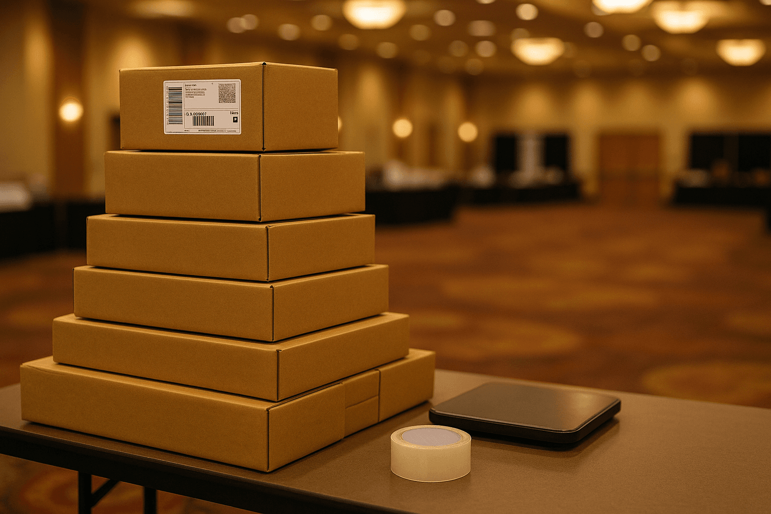 Stacked shipping boxes on convention hall table with shipping labels and scale nearby