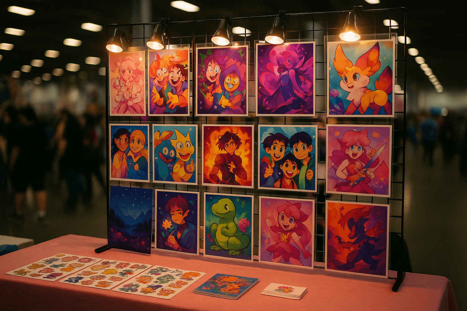 Artist alley table at a fan convention displaying colorful art prints on vertical grid panels with price signs and convention hall lighting