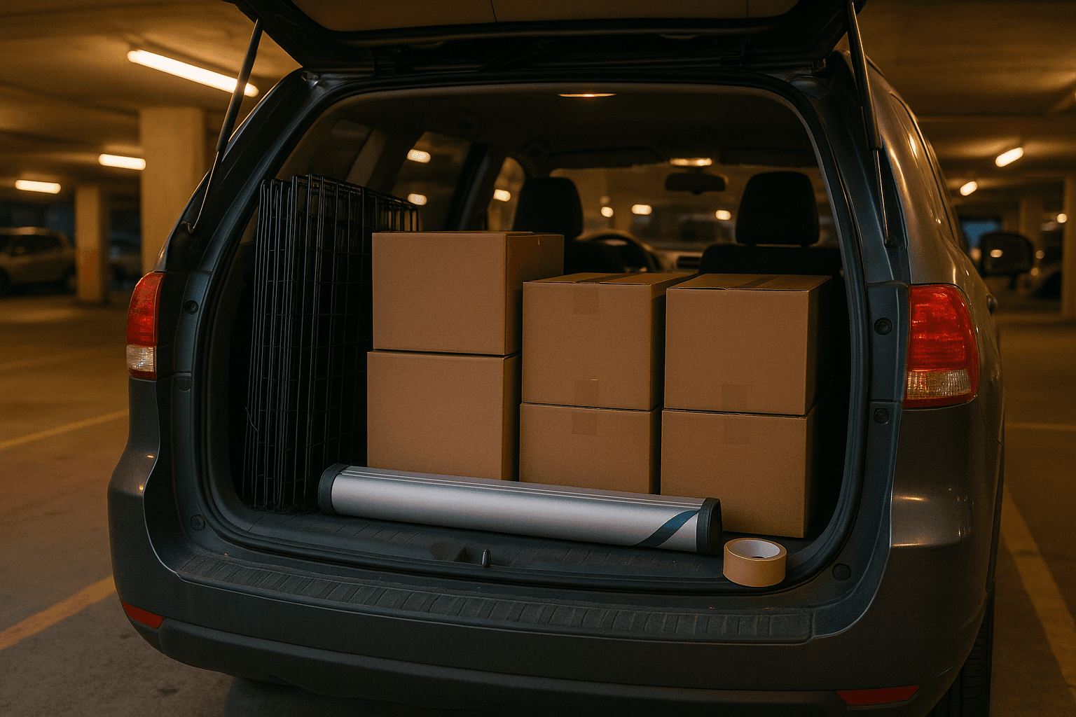Convention vendor supplies being loaded into an SUV with stacked print boxes, folded grid wall panels, and a rolled up retractable banner stand