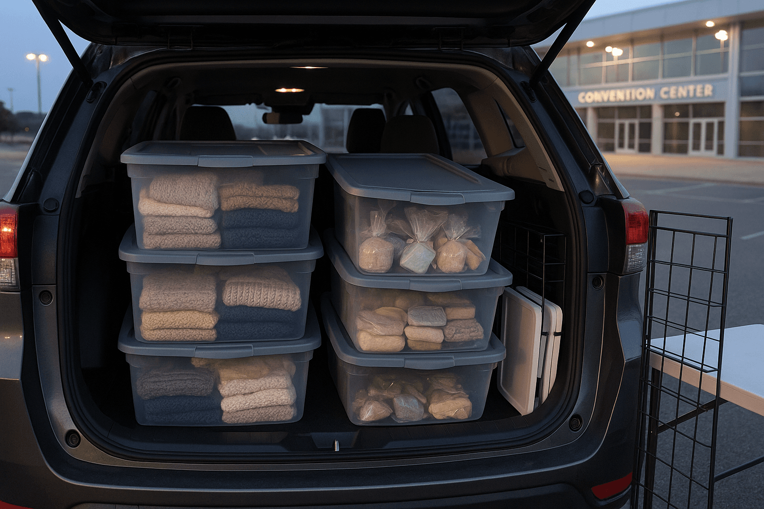 Stacked storage bins full of handmade products in an SUV trunk with a convention center visible in the background