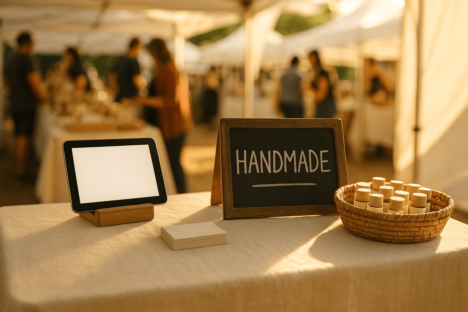 Craft show vendor booth with a tablet signup stand, chalkboard sign, business cards, and sample products under a white tent canopy