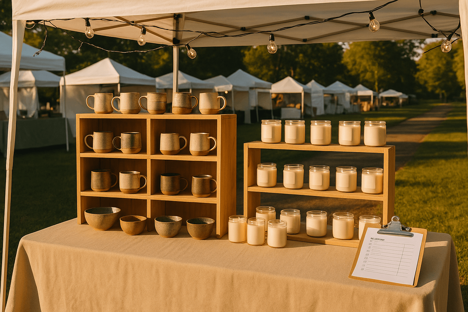 A craft show vendor booth with pottery and candles on wooden shelves, a checklist on the table, and string lights overhead at an outdoor fair during golden hour