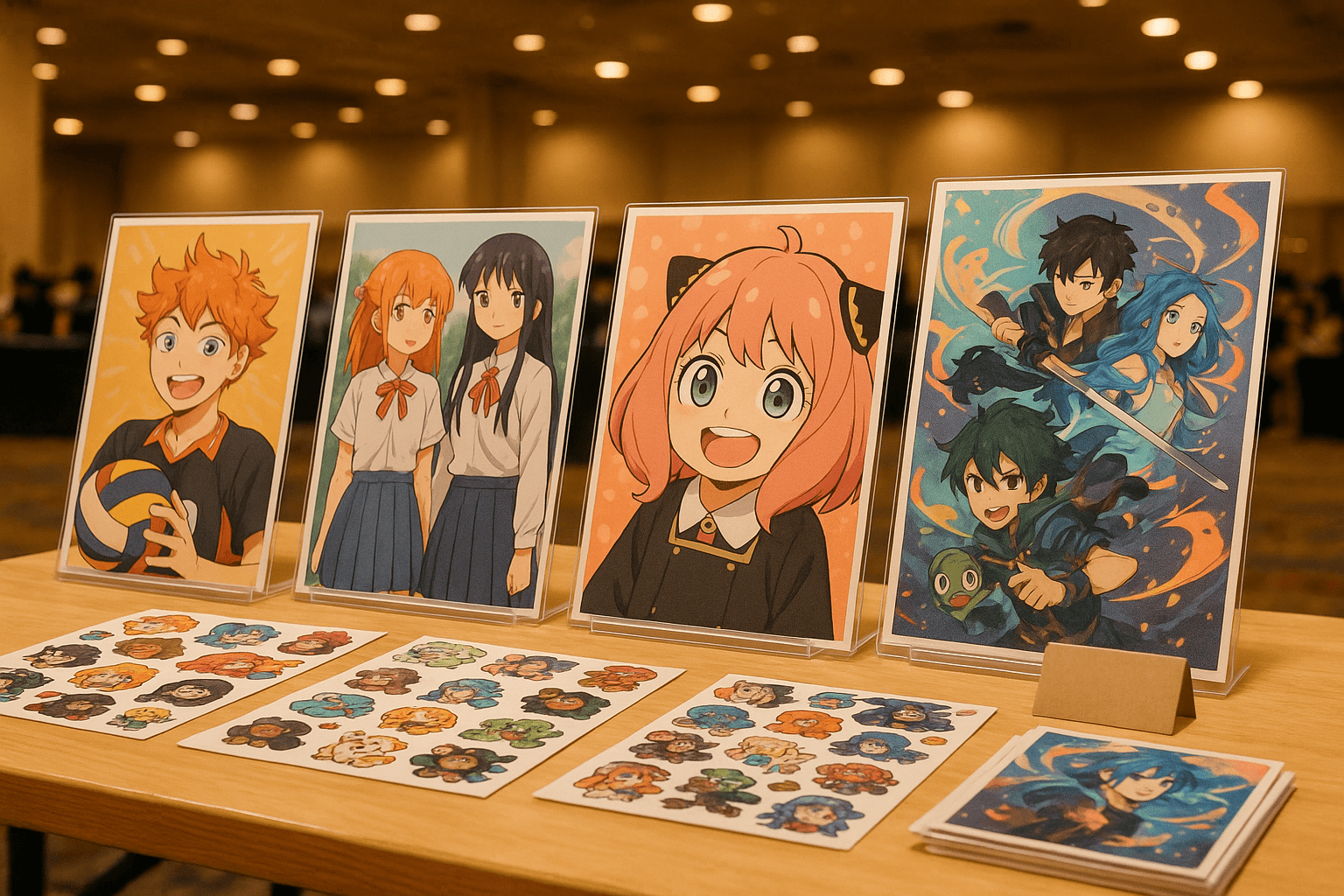 Artist alley table display at an anime convention showing colorful art prints, sticker sheets, and an open portfolio book under warm convention hall lighting