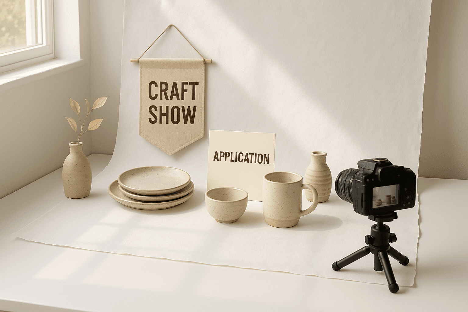 Product photography setup with handmade pottery on white background and camera on tripod with natural window light