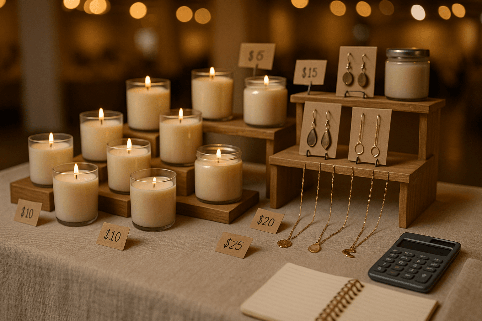 Craft show vendor table with handmade candles, jewelry, and price tags under warm convention lighting