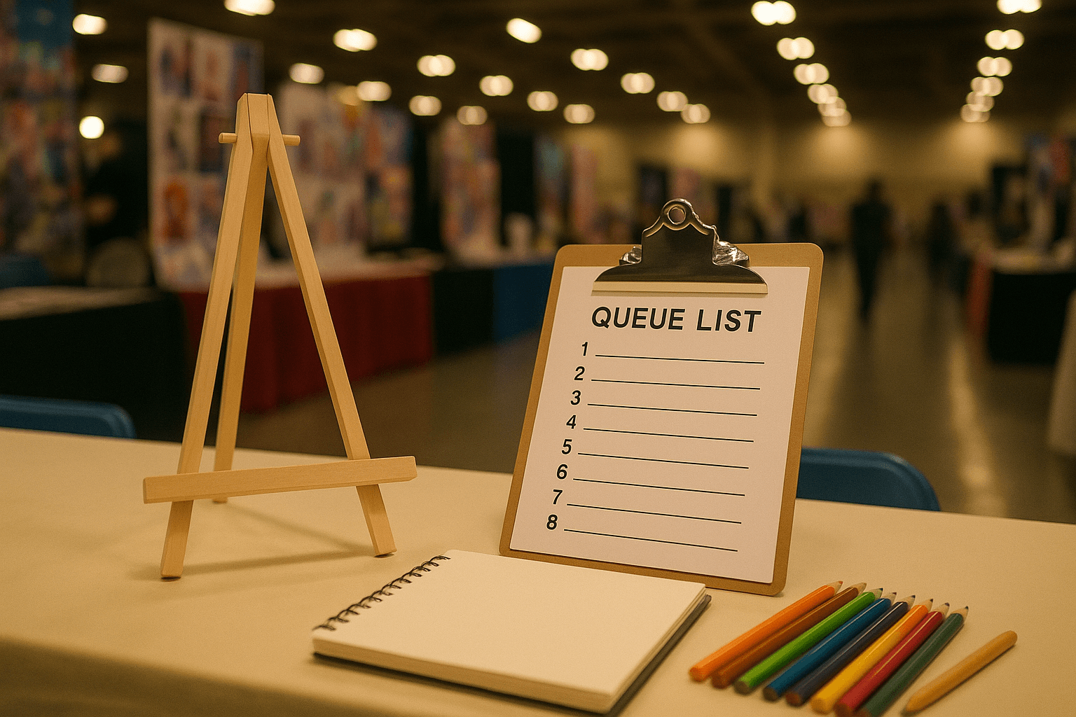 Artist alley convention table showing a commission menu sign, numbered queue clipboard, and art supplies with a half-finished sketch