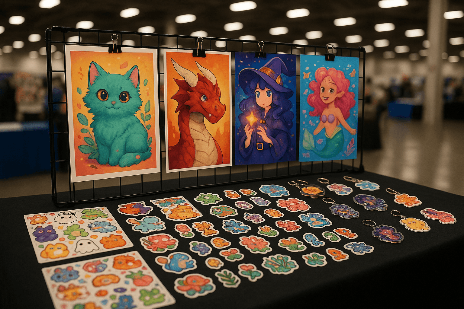 Artist alley convention table displaying colorful art prints, stickers, and acrylic charms under convention hall lighting