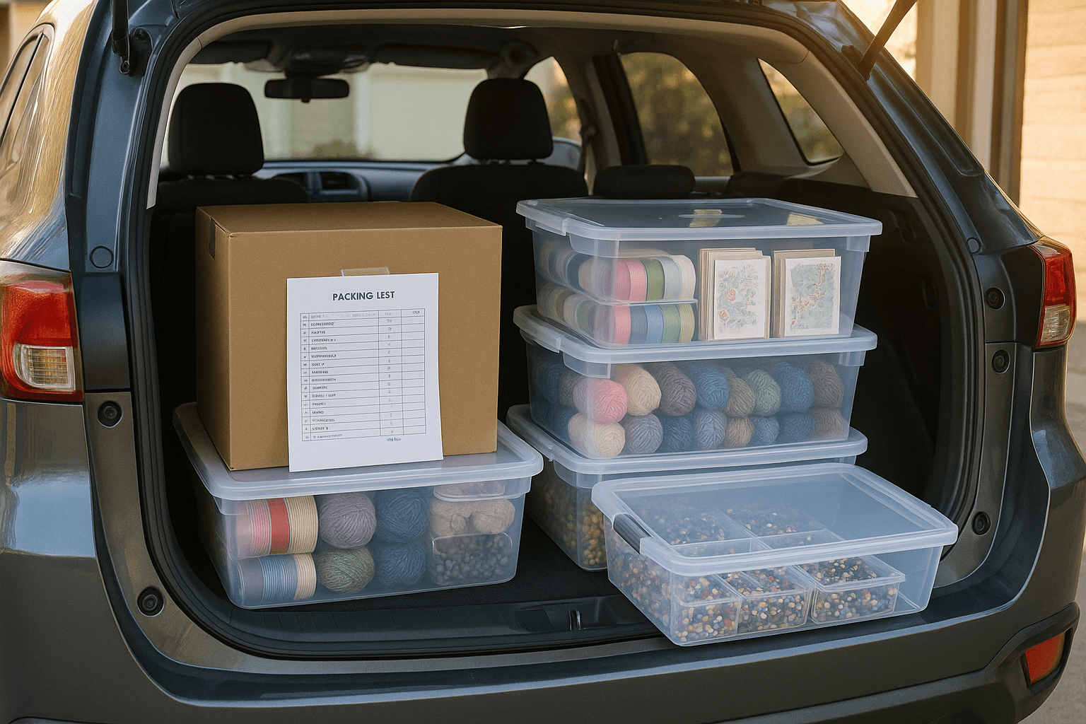 Organized product bins being loaded into an SUV for a craft show with printed packing list