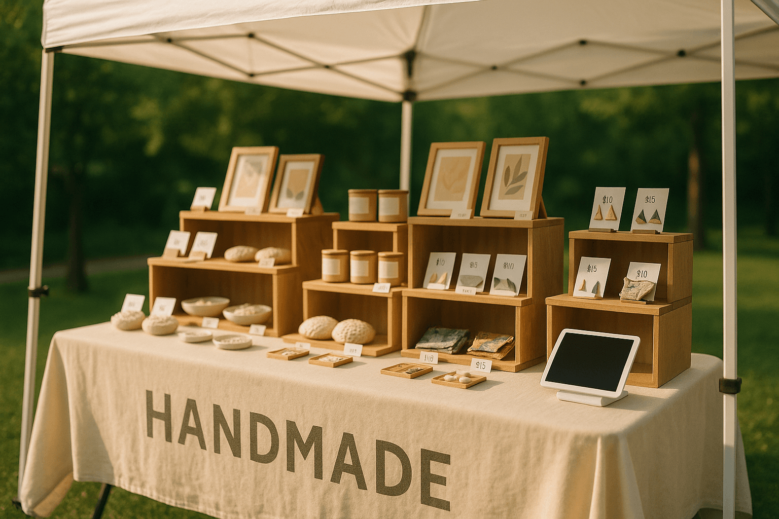 Neatly organized craft show booth under a white pop-up tent with wooden display shelves, handmade products with visible price tags, and a tablet payment station