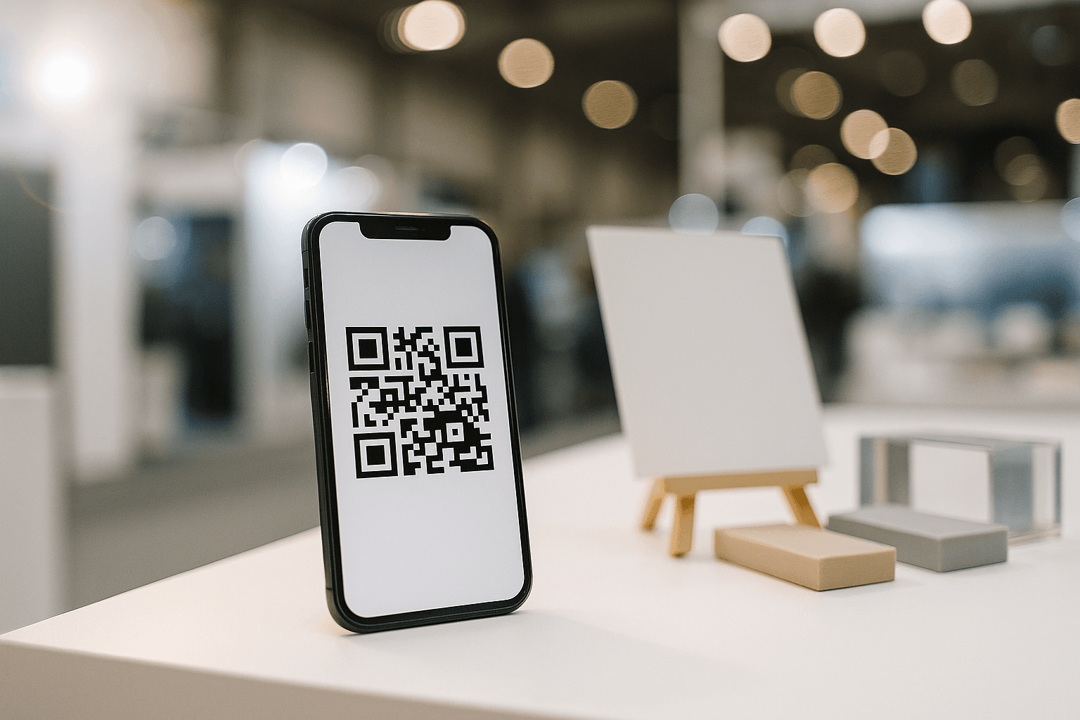 Smartphone displaying QR code on a clean white trade show booth counter with bokeh convention hall background