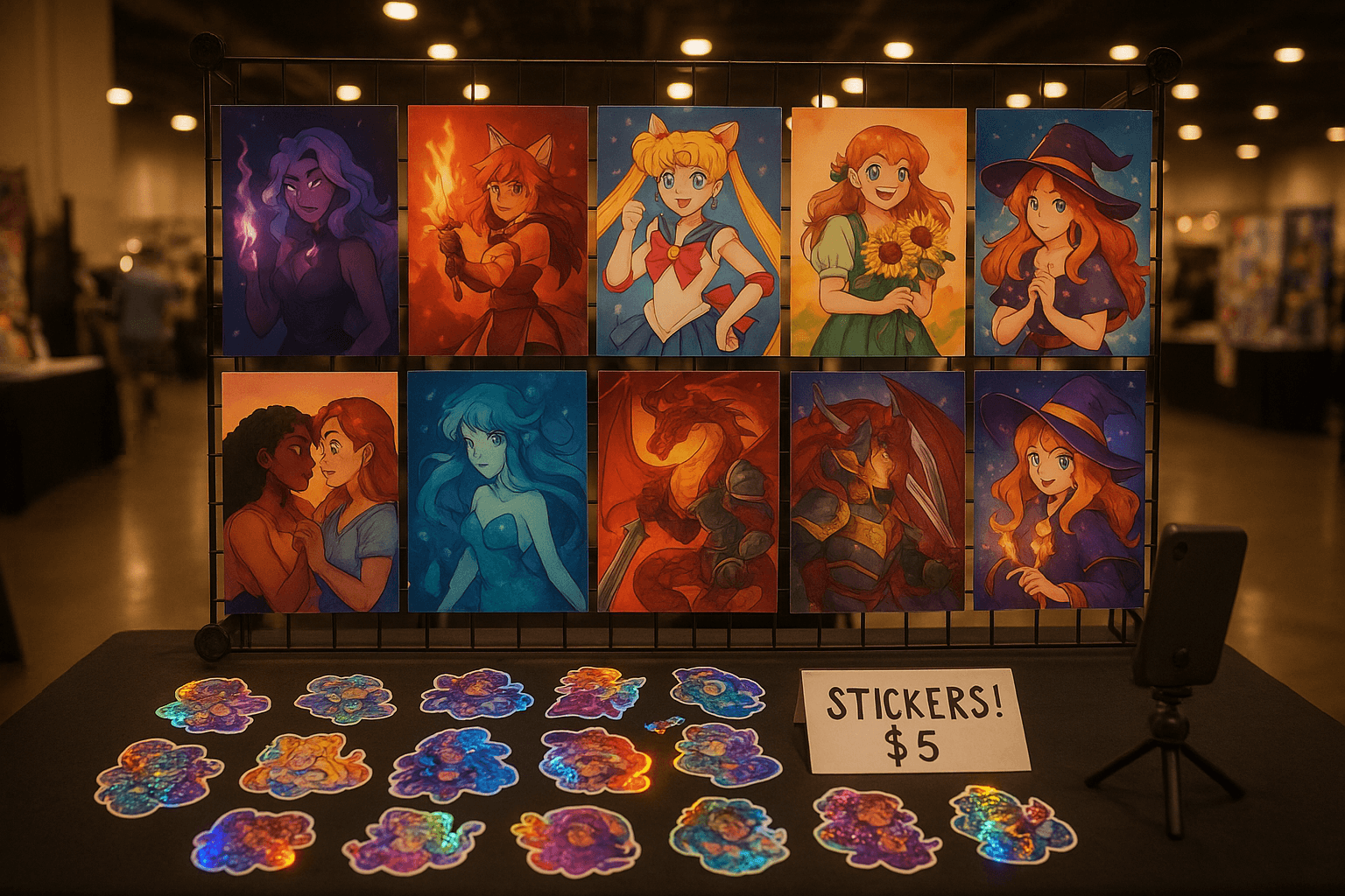 Artist alley convention table with colorful art prints on a wire grid display and a smartphone on a tripod recording content