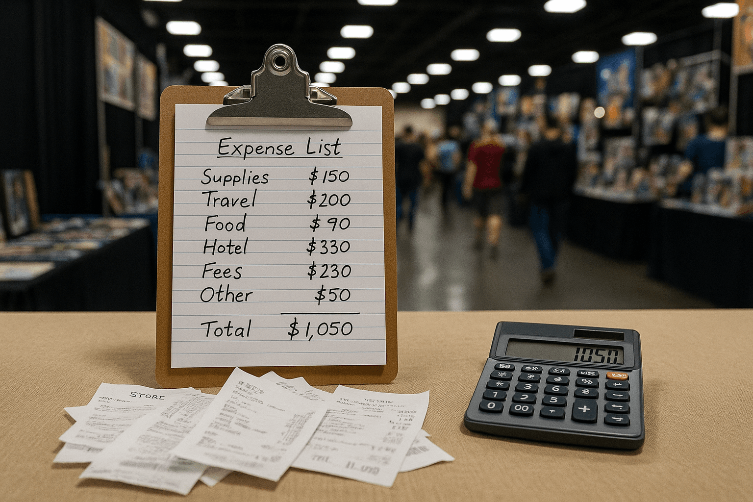 Convention vendor booth with clipboard expense list and receipts on table