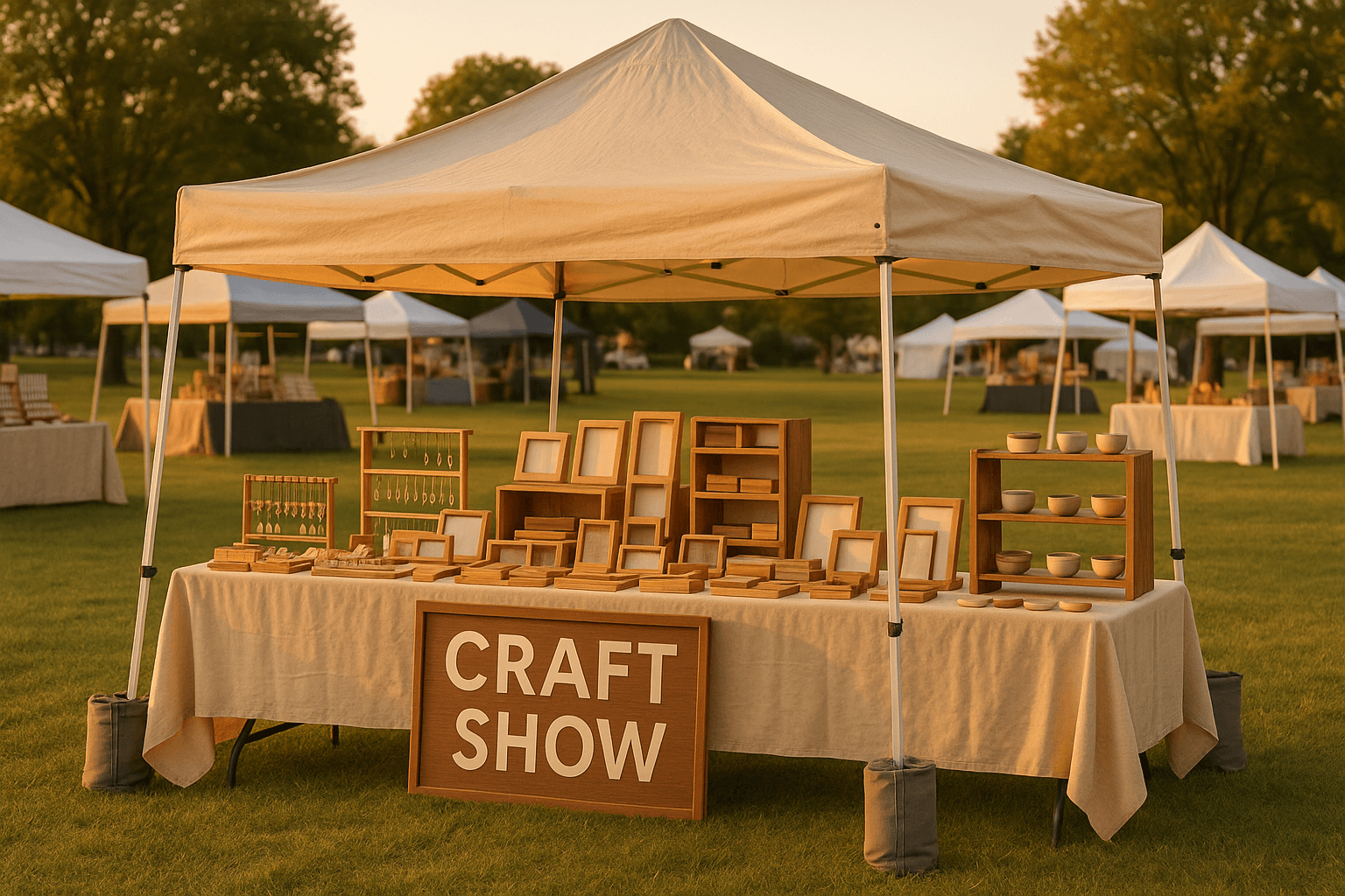 Outdoor craft show vendor booth with pop-up tent and products on display, weight bags visible at tent legs under golden hour light