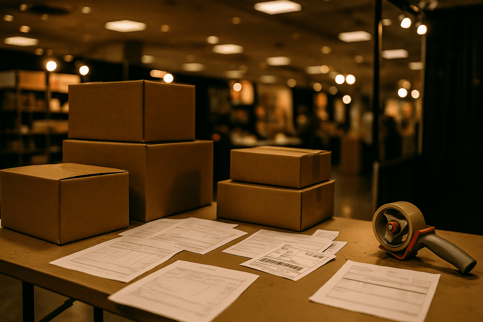 Convention booth shipping table with stacked cardboard boxes, paper order forms, and packing tape