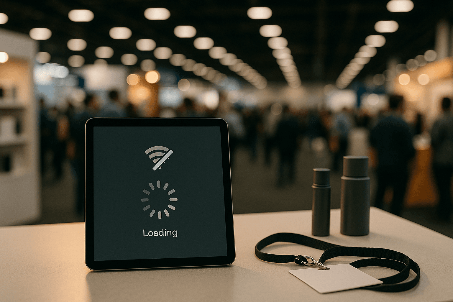 Tablet on trade show booth counter showing loading spinner with no WiFi, convention hall background