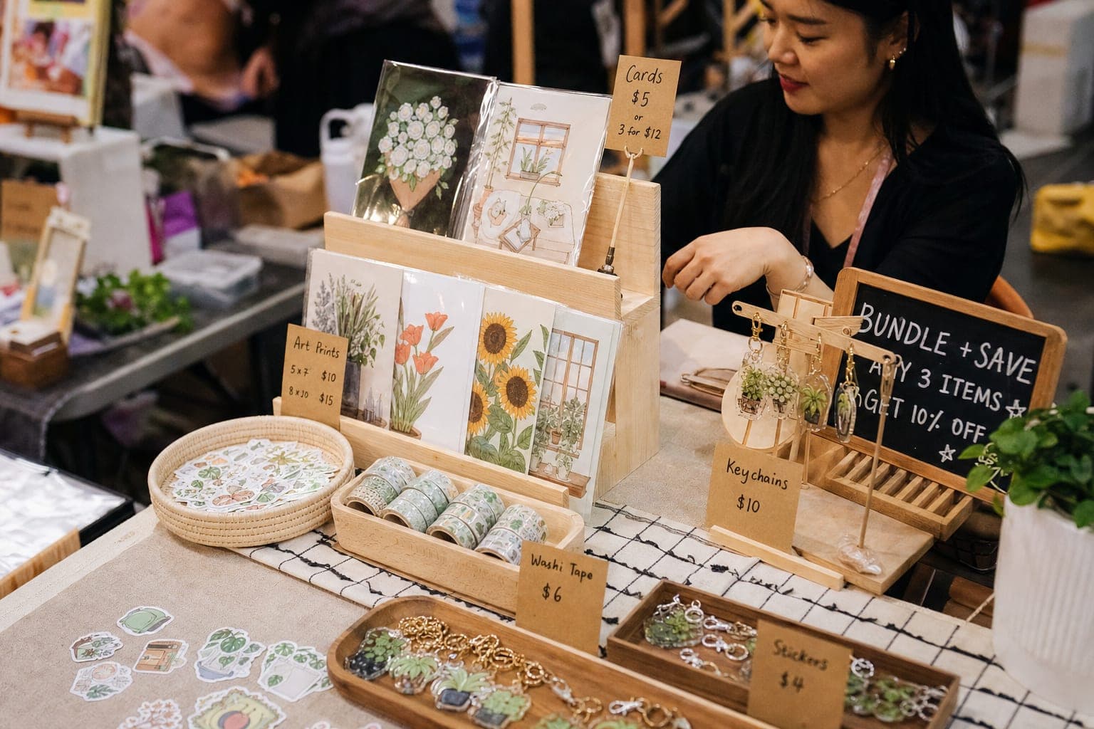 A craft fair booth table with clearly labeled kraft price tags, an acrylic tier card, and a chalkboard bundle sign on handmade goods