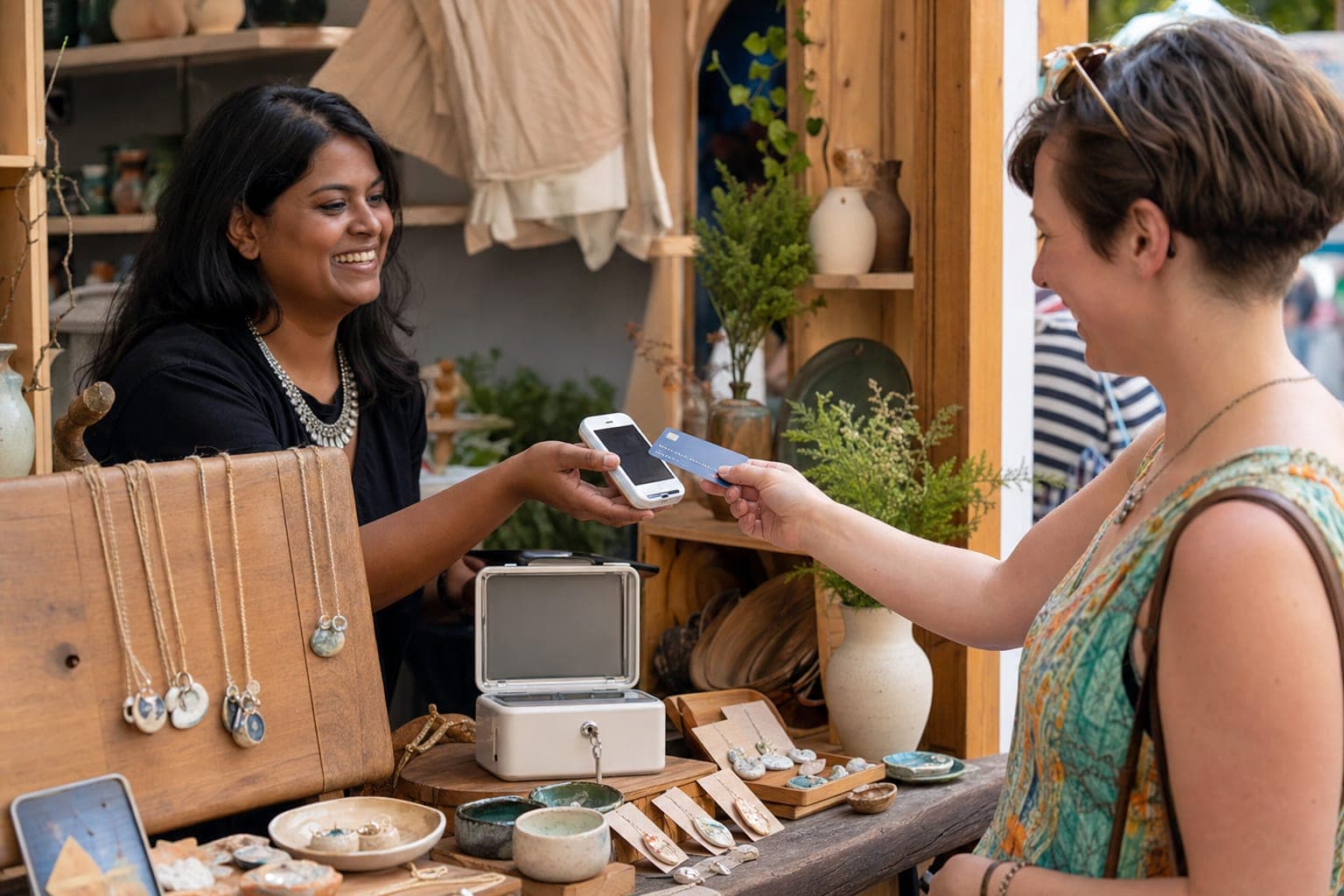 A craft fair vendor at a wooden booth handing a phone-based card reader to a customer who is tapping a credit card, with handmade goods and a small cash box on the table